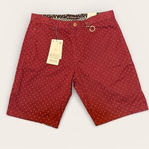 NWT Cactus Man Ricky Singh Chino Shorts Maroon/White Dots Print Stretch 32 Waist